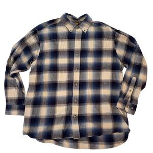 Bass Pro Shops Flannel Shirt Men’s XL Blue Beige Plaid Button Down Long Sleeve